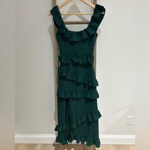 Show Me Your MuMu Ruffle Greta Dress in Emerald Green High Slit Stretch Size XS